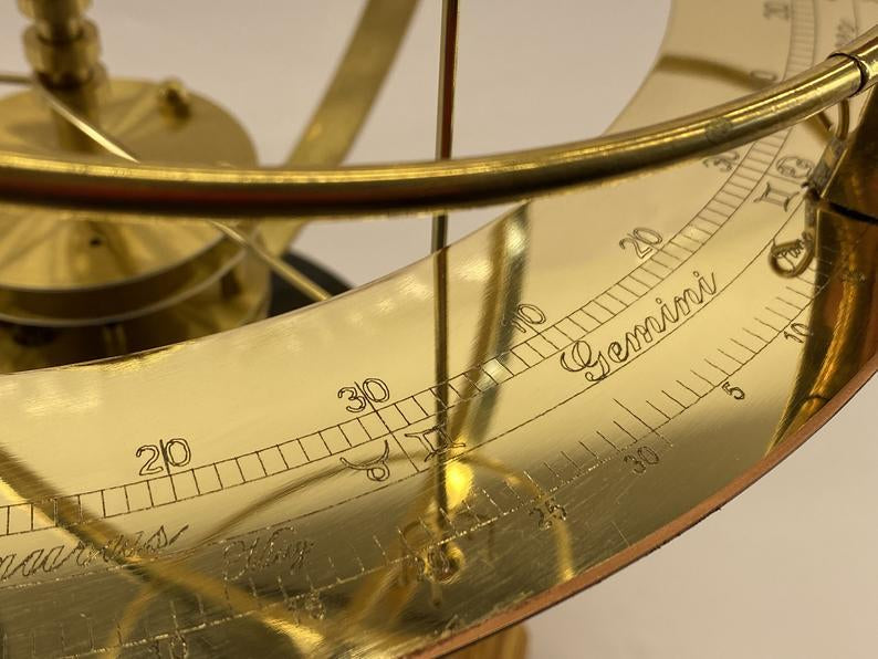 Brass Mechanical Solar System Model with Gemstone Planets & Moons Oak Base Moving Orbit Desk Orrery Educational Science Display Home Decor