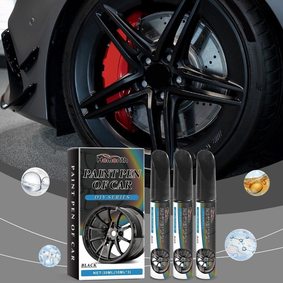 Wheel Touch-Up Paint Pen Set – 3-Pack Black Finish Scratch Repair for Rims & Alloys
