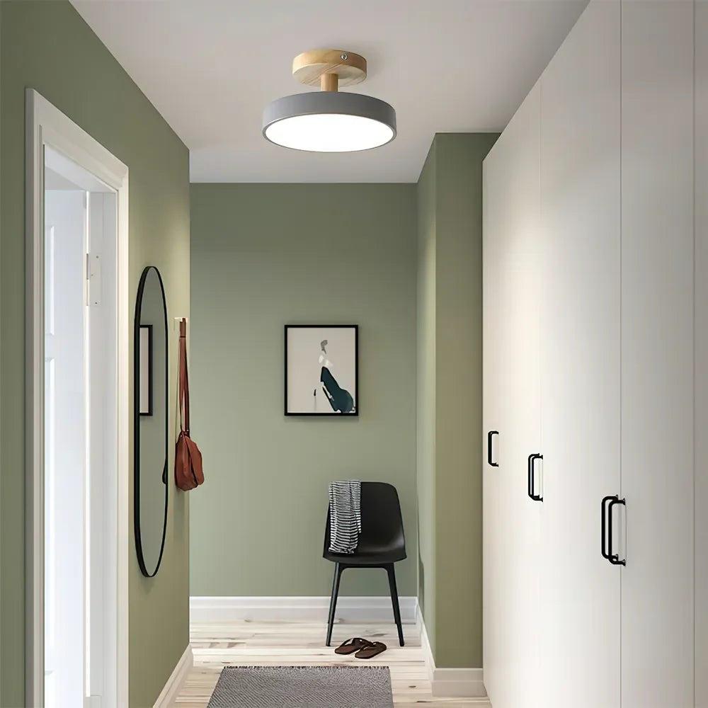 Wood & Metal Flush Mount Ceiling Light | Soft Color LED Fixture for Bedroom, Hallway & Living Room | 12W Scandinavian Style | Modern