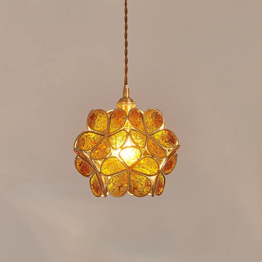 Glass Shade Hanging Fixture 8-Inch Brass Finish Ceiling Light for Kitchen Dining Room Entryway Hardwired with Adjustable Cable