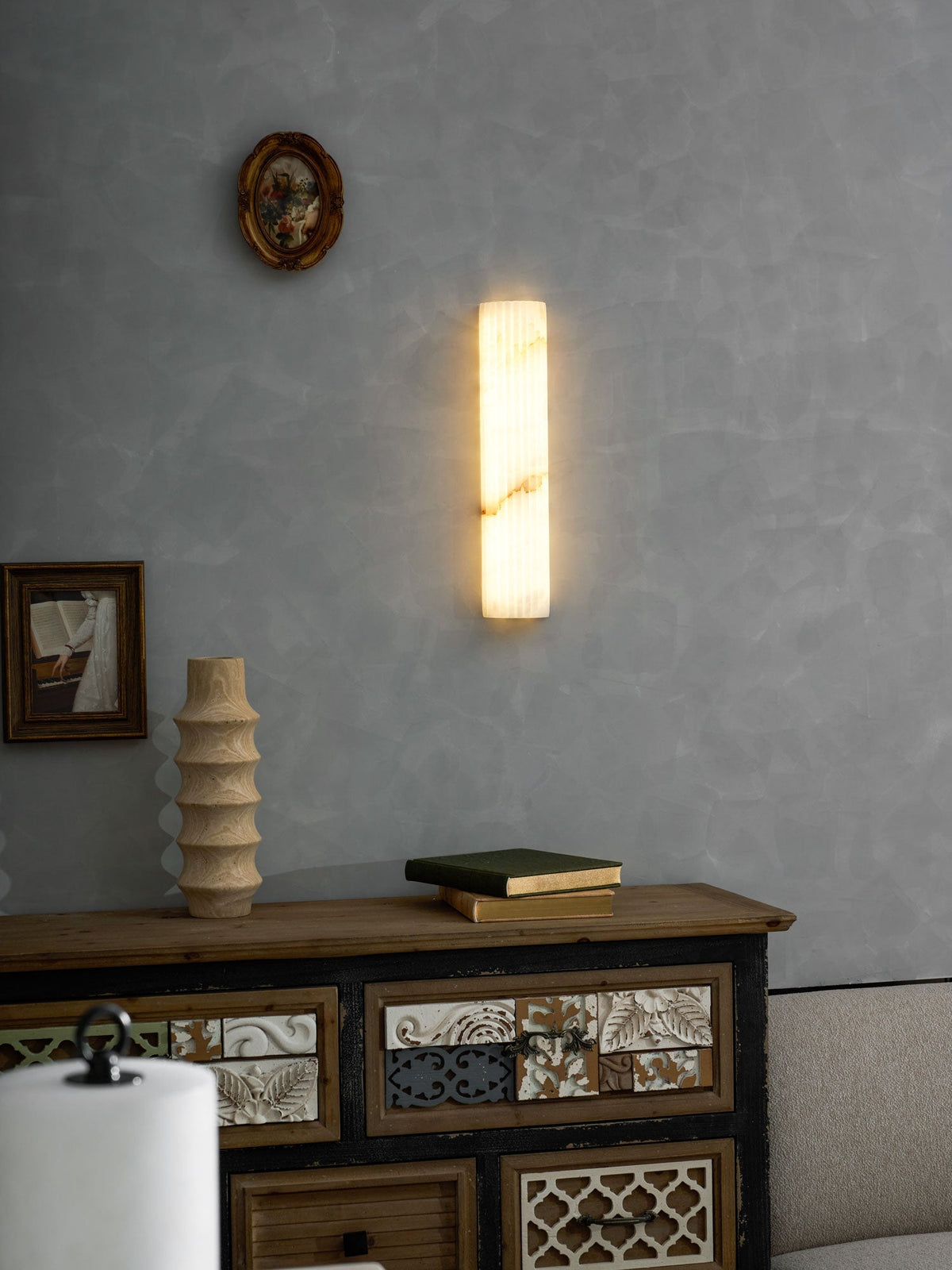 Natural Stone Wall Sconce 12 in Integrated LED Ribbed Surface Indoor Lighting Fixture for Bedroom Hallway Living Room Warm Ambient Glow