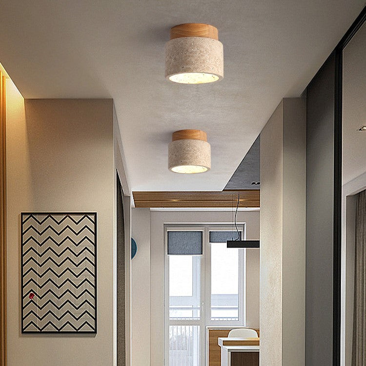 Plafonnier encastré en pierre naturelle avec détails en bois, culot E26, pour chambre, entrée, espace de vie, luminaire à profil bas, éclairage ambiant au plafond