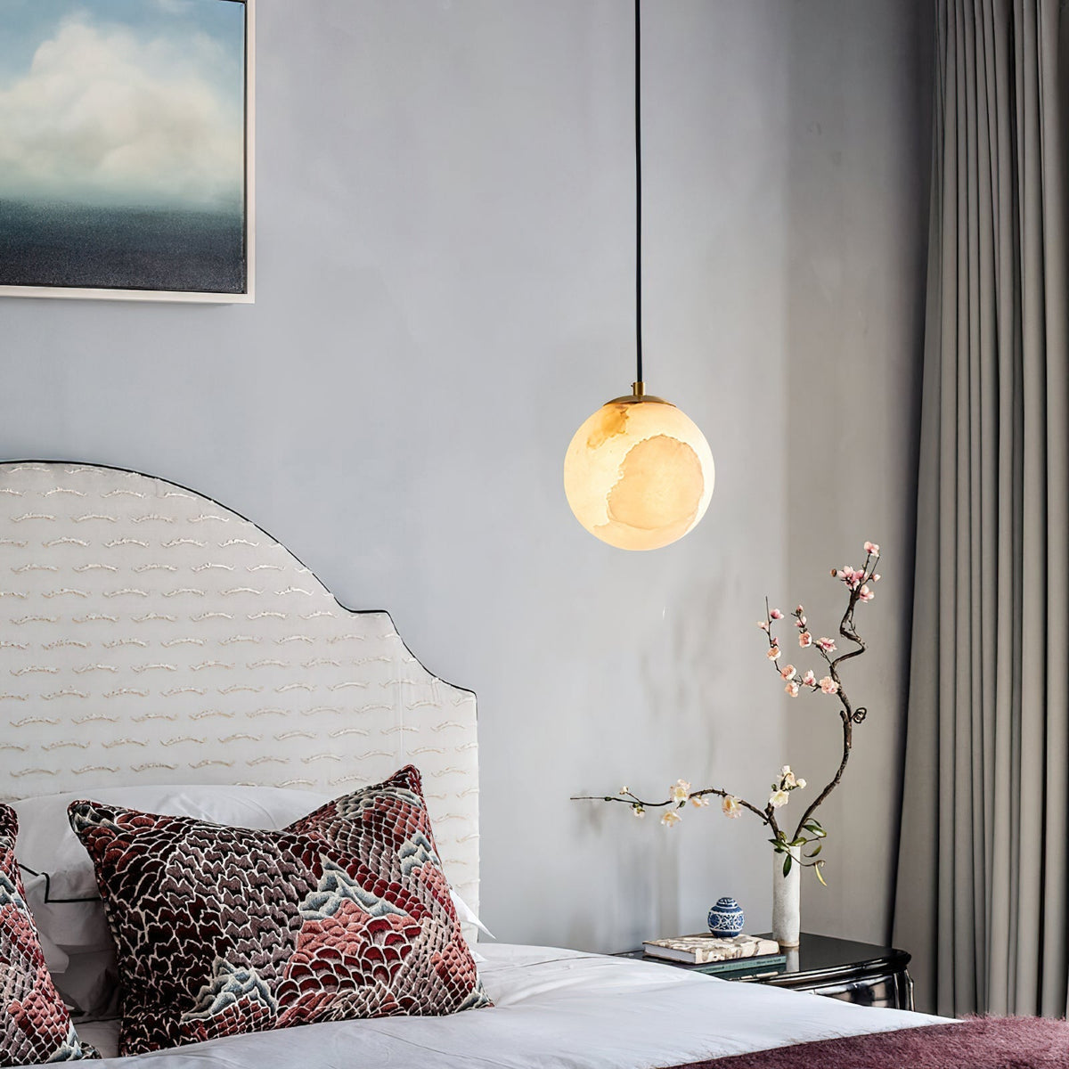 Suspension lumineuse globe en pierre, cordon réglable de 10 à 15 cm, luminaire minimaliste moderne pour chambre, salle à manger, cuisine, salon et entrée