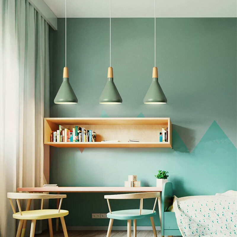 Hanging Ceiling Light Fixture Wire-Suspended E27 Socket Natural Wood Accent Modern Minimalist Style for Kitchen Island Dining Table Living R