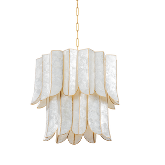 Tiered Shell Chandelier with Cascading Panels in Antique Gold 7-Light Fixture for Living & Dining Room