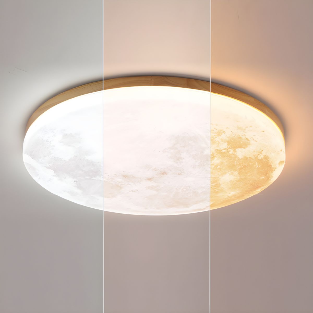 Round Flush Mount LED Fixture Moon Surface Wood & Acrylic 19 in Diameter Low Profile for Bedroom Living Room Hallway Ambient Lighting Japand