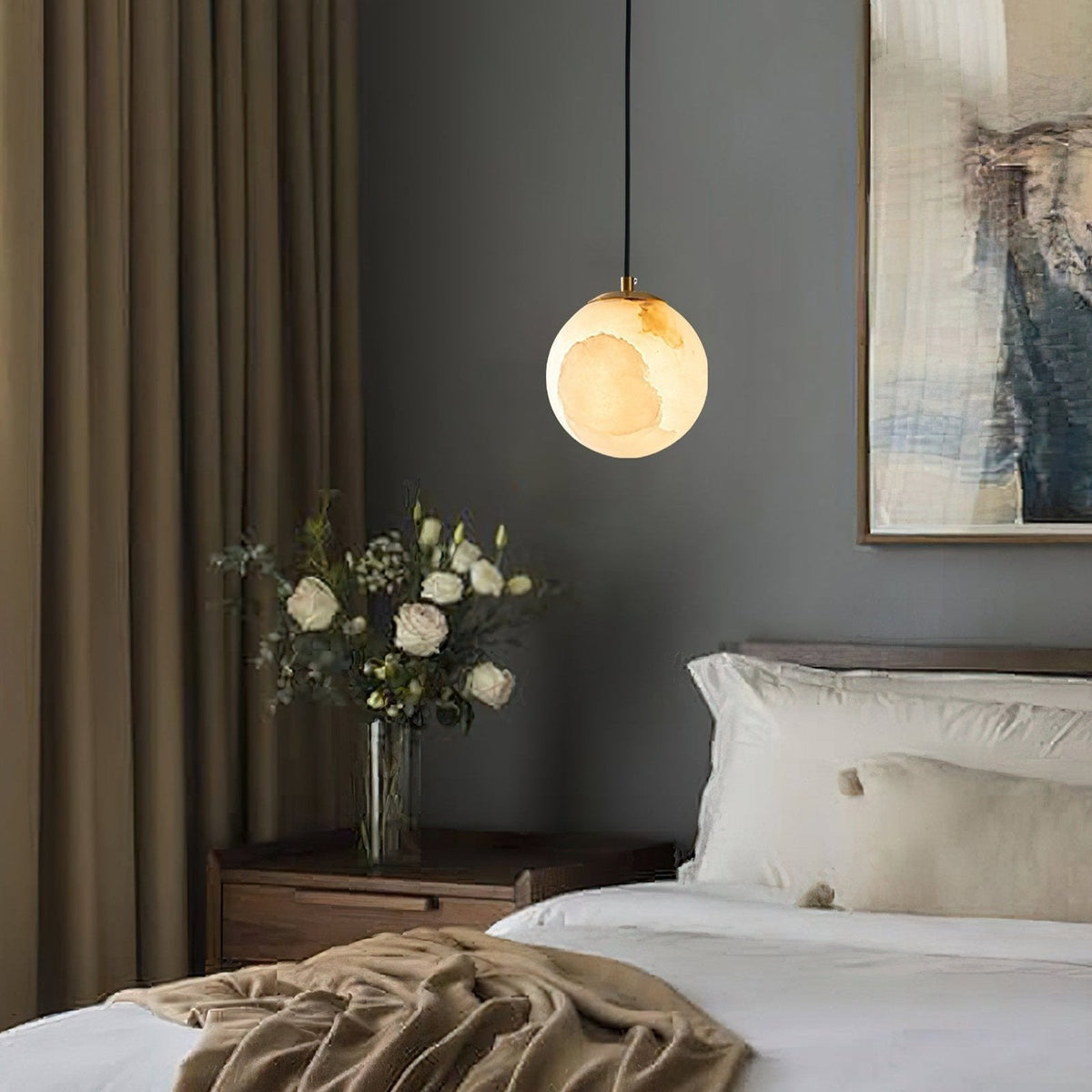 Suspension lumineuse globe en pierre, cordon réglable de 10 à 15 cm, luminaire minimaliste moderne pour chambre, salle à manger, cuisine, salon et entrée