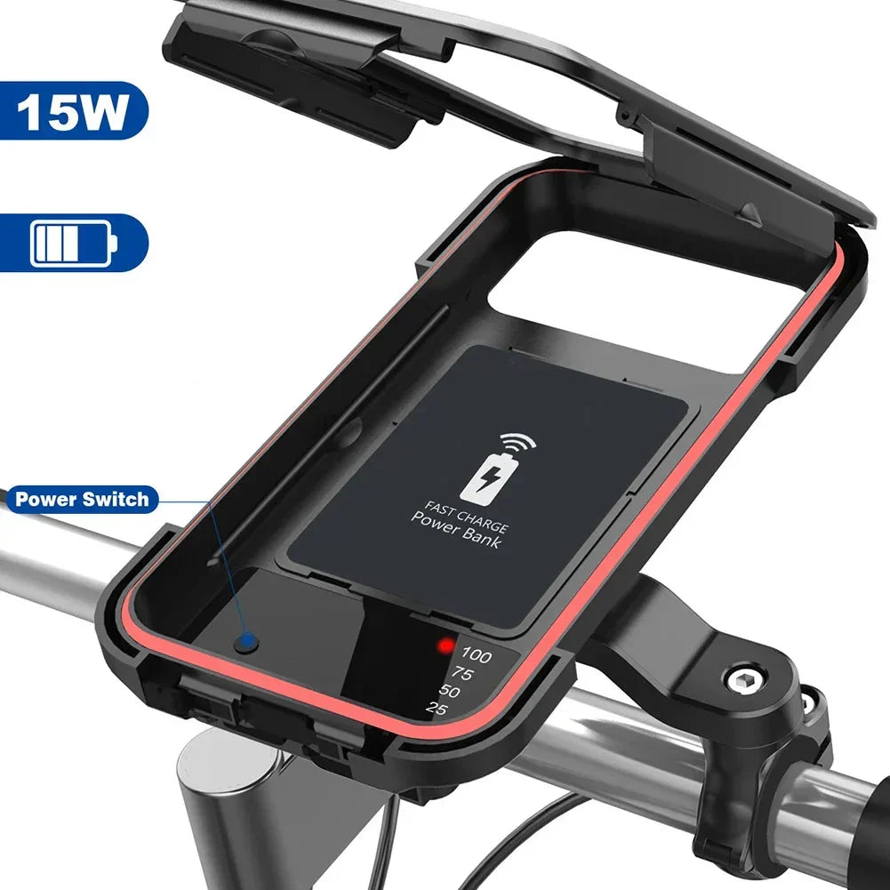 Waterproof Bike Phone Mount with Wireless Charging & 5000mAh Power Bank for E-Bikes & Motorcycles