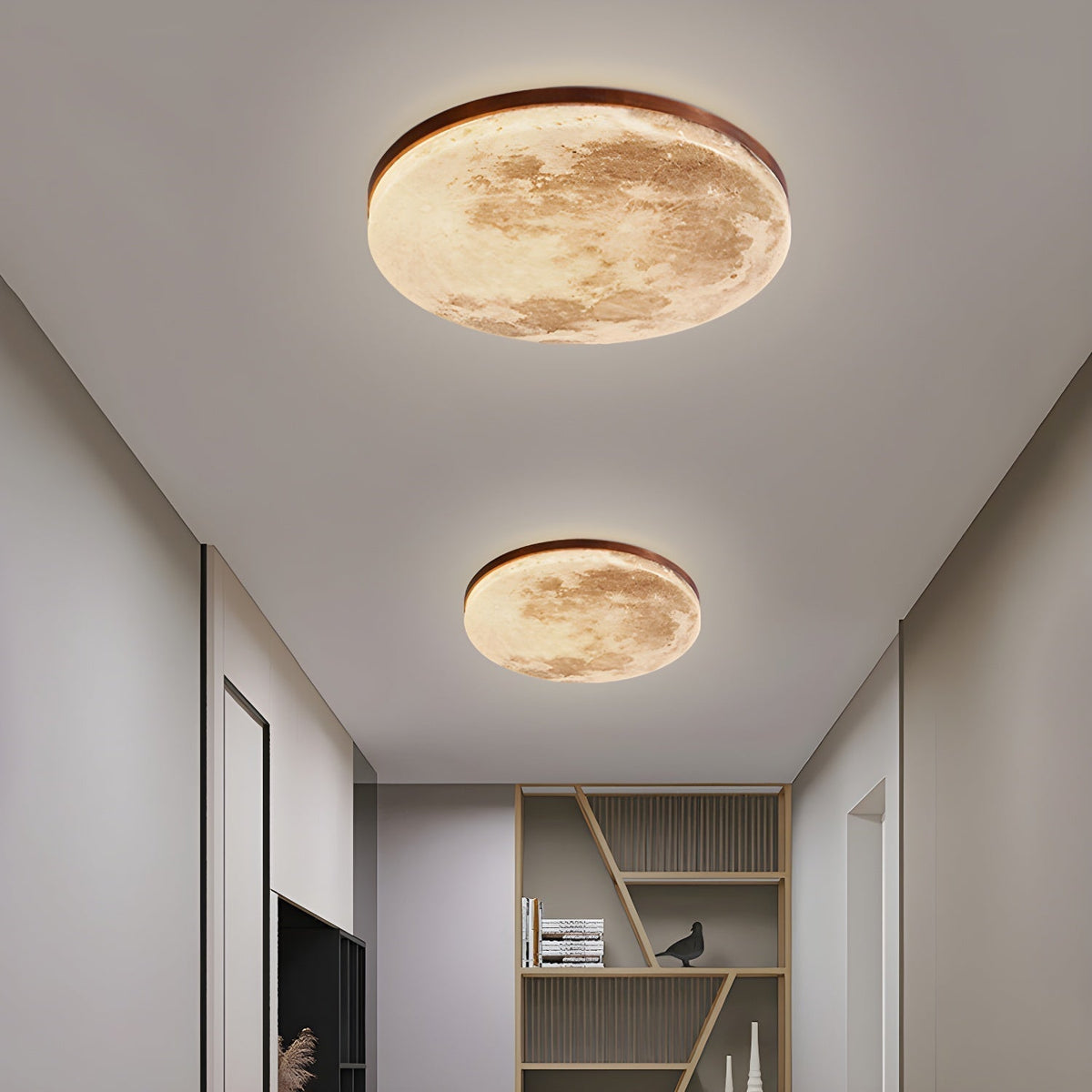 Round Flush Mount LED Ceiling Light with Lunar Surface Design Wood & Acrylic 19 in Diameter for Bedrooms Living Rooms Hallways Modern Ambien