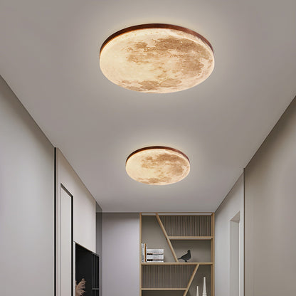 Round Flush Mount LED Ceiling Light with Lunar Surface Design Wood & Acrylic 19 in Diameter for Bedrooms Living Rooms Hallways Modern Ambien