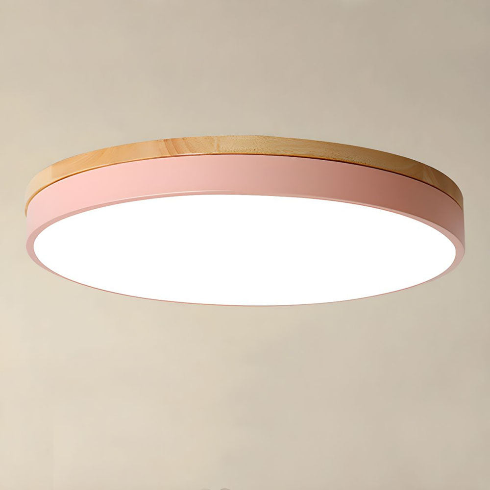 Round Wood Flush Mount LED Ceiling Light 3-Color Dimmable Scandinavian Style for Living Room Bedroom Kitchen