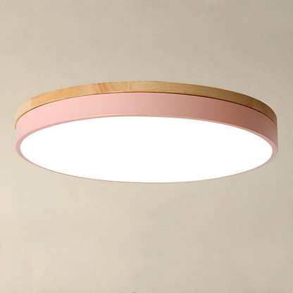 Round Wood Flush Mount LED Ceiling Light 3-Color Dimmable Scandinavian Style for Living Room Bedroom Kitchen