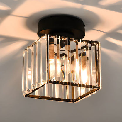 Decorative Flush Mount Light Fixture with Glass Cube and Metal Accents E27 Socket for Entryway Bedroom Small Room Ambient Overhead Lighting
