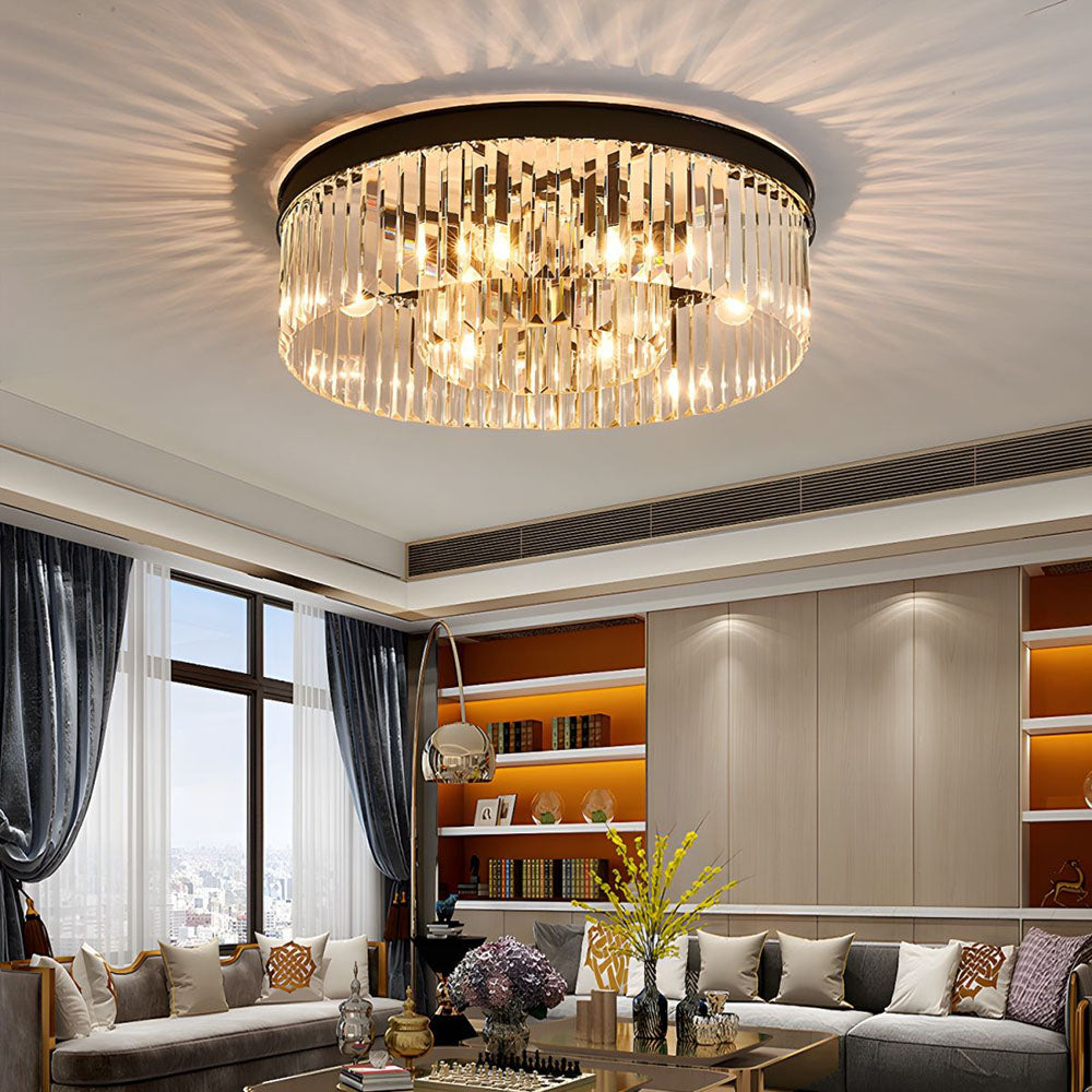 Flush Mount Fixture with Sparkling Accents 16 Inch Brushed Brass Metal Frame Crystal Drops for Entryway Dining Room Bedroom Den Four Bulb So