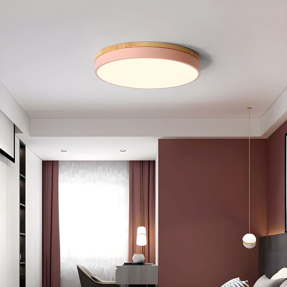 Round Wood Flush Mount LED Ceiling Light 3-Color Dimmable Scandinavian Style for Living Room Bedroom Kitchen