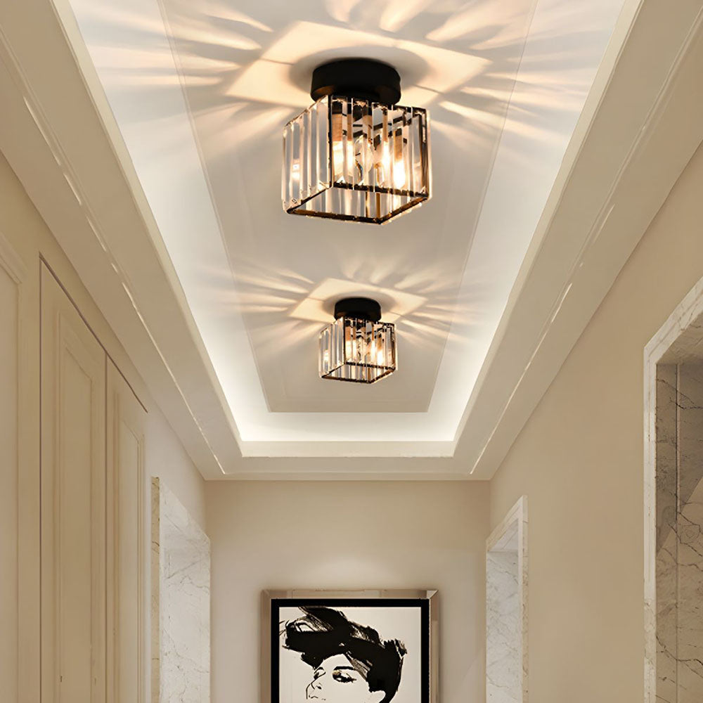 Cube Crystal Flush Mount Ceiling Light with Brass Frame 10 Inch for Bedroom Hallway Entryway Living Room Office Modern Home Lighting Fixture