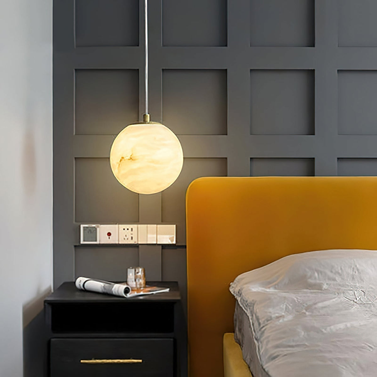 Suspension lumineuse globe en pierre, cordon réglable de 10 à 15 cm, luminaire minimaliste moderne pour chambre, salle à manger, cuisine, salon et entrée