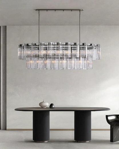 Oval Glass Panel Chandelier with Metal Frame 4-17 Lights Adjustable Height for Dining Room & Entryway