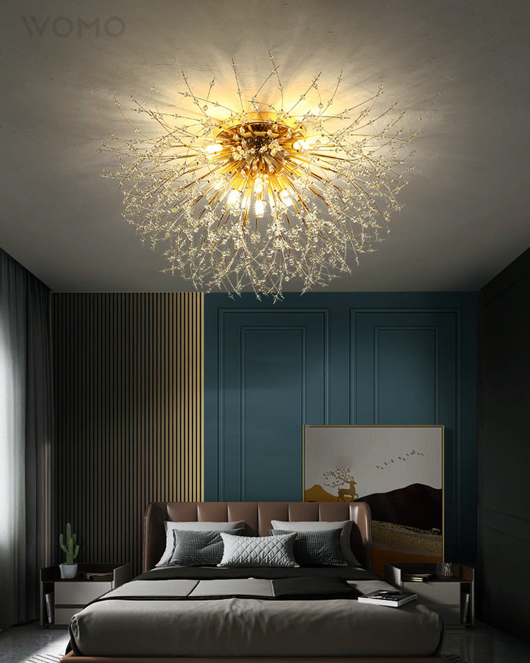 Plafonnier encastré au design pissenlit en cristal – Luminaire de 16 po doré et argenté pour chambre, couloir, salle de bain