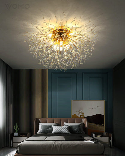 Plafonnier encastré au design pissenlit en cristal – Luminaire de 16 po doré et argenté pour chambre, couloir, salle de bain