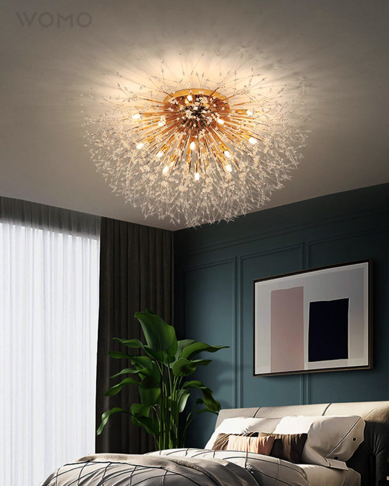 Plafonnier encastré au design pissenlit en cristal – Luminaire de 16 po doré et argenté pour chambre, couloir, salle de bain