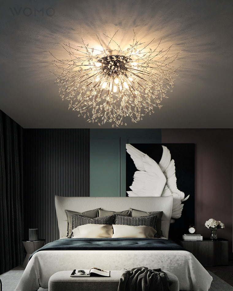 Plafonnier encastré au design pissenlit en cristal – Luminaire de 16 po doré et argenté pour chambre, couloir, salle de bain
