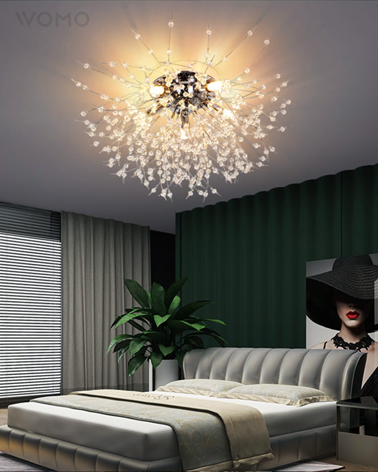 Plafonnier encastré au design pissenlit en cristal – Luminaire de 16 po doré et argenté pour chambre, couloir, salle de bain