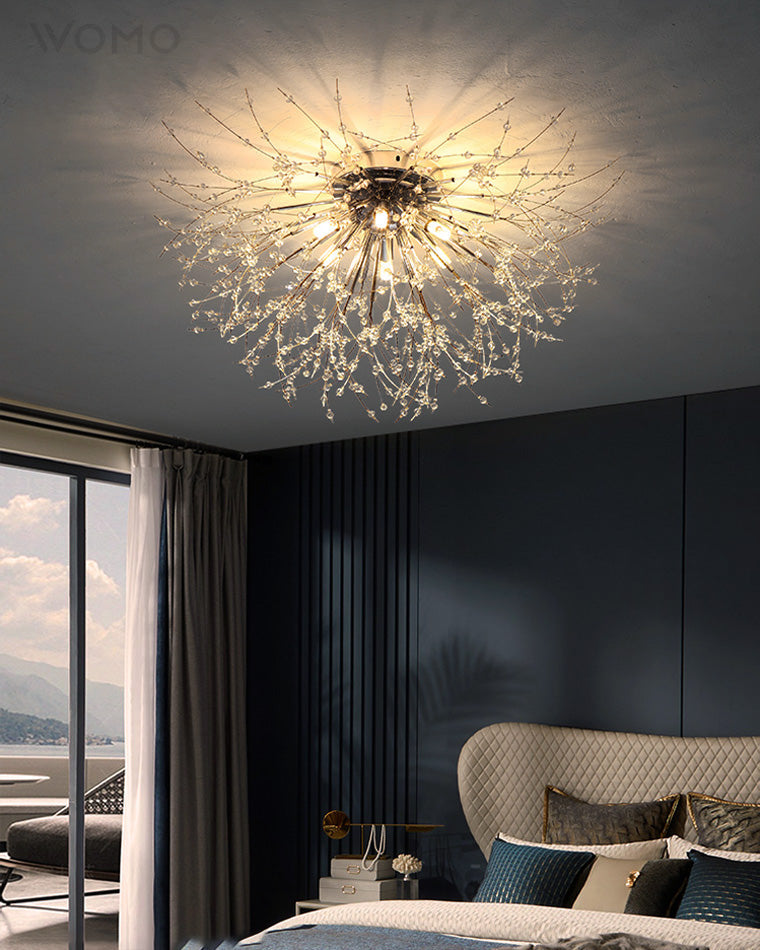 Plafonnier encastré au design pissenlit en cristal – Luminaire de 16 po doré et argenté pour chambre, couloir, salle de bain