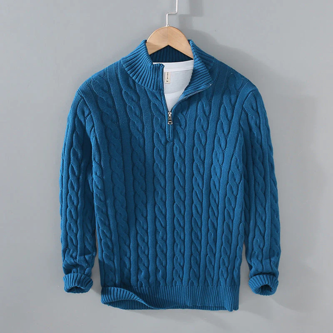 Cable-Knit Quarter-Zip Sweater for Men – 100% Cotton Stand-Collar Pullover for Fall & Winter