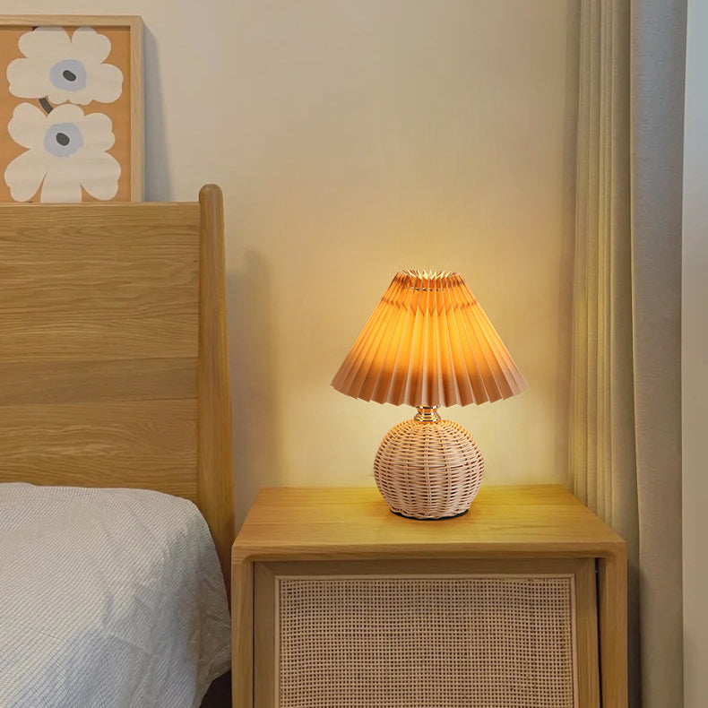 Nordic Rattan Table Lamp with Fabric Shade, USB Powered & Infinitely Dimmable LED Light for Bedroom, Living Room, Study