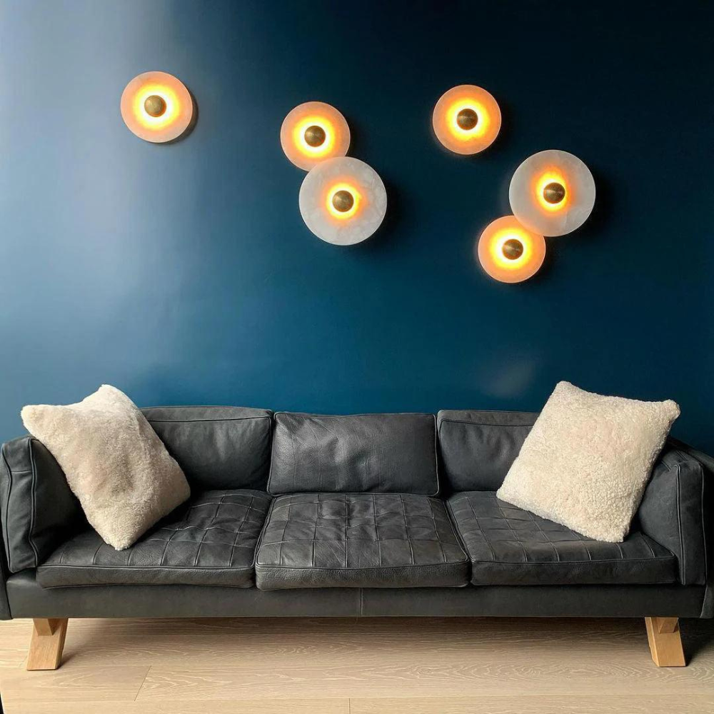 Round Stone Sconce with Built-In LED – Natural Veined Finish for Bedroom, Hallway & Living Room – 6 to 12 Inch Sizes – Minimalist Aluminum M
