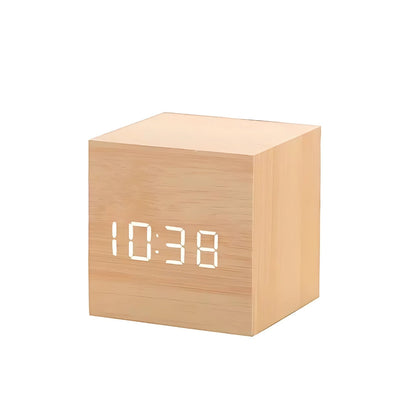Wooden LED Cube Alarm Clock with Temperature Display and USB Power for Bedroom Nightstand Desk Office