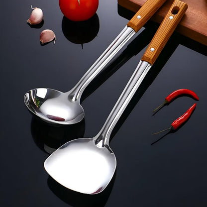 5-Piece Cooking Utensil Set with Wood Handles - Stainless Steel Serving Spoons Spatula Ladle for Nonstick Pans