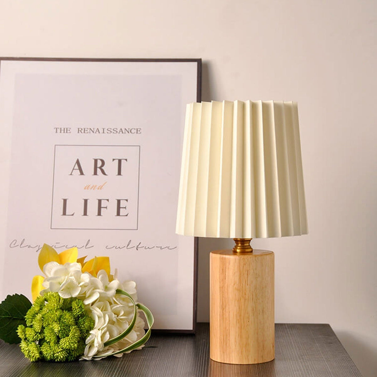 Pleated Fabric Accent Lamp with Cylindrical Wooden Base – Bedside Reading Light for Bedroom & Living Room