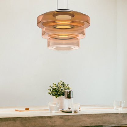 Tiered Glass Hanging Fixture 12 in Amber for Dining Tables Kitchen Islands Contemporary Statement Overhead Illumination
