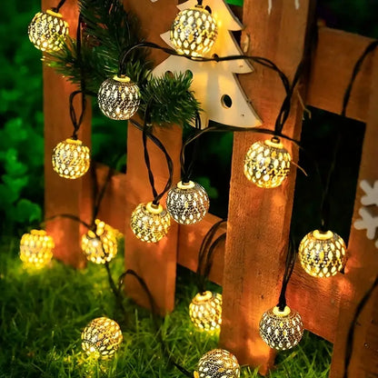 Moroccan Metal Globe String Lights Solar Powered Outdoor Patio Decor 20-30 Warm White LED Orbs Bohemian Weatherproof Garden Balcony