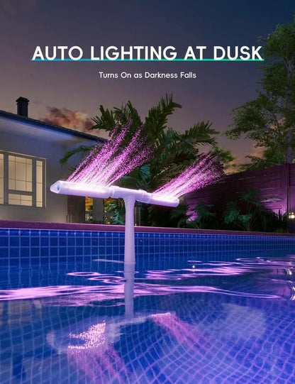 Fontaine solaire dynamique pour piscine avec lumières LED RVB et télécommande | Design à double arche pour des effets nocturnes saisissants