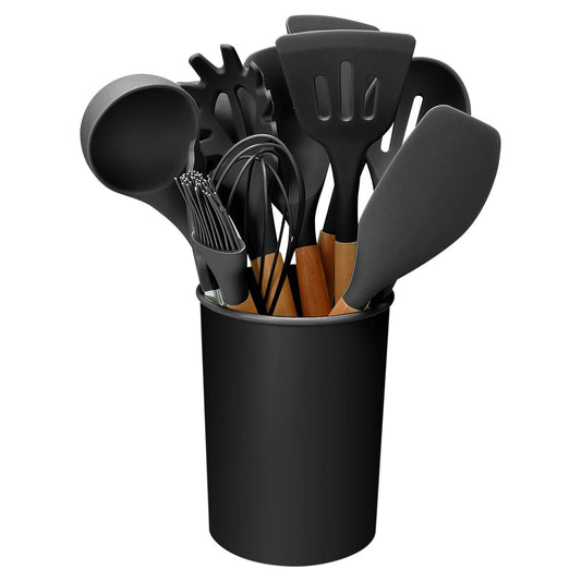 11-Piece Heat-Resistant Cooking Tool Set with Wood Handles & Holder for Nonstick Cookware
