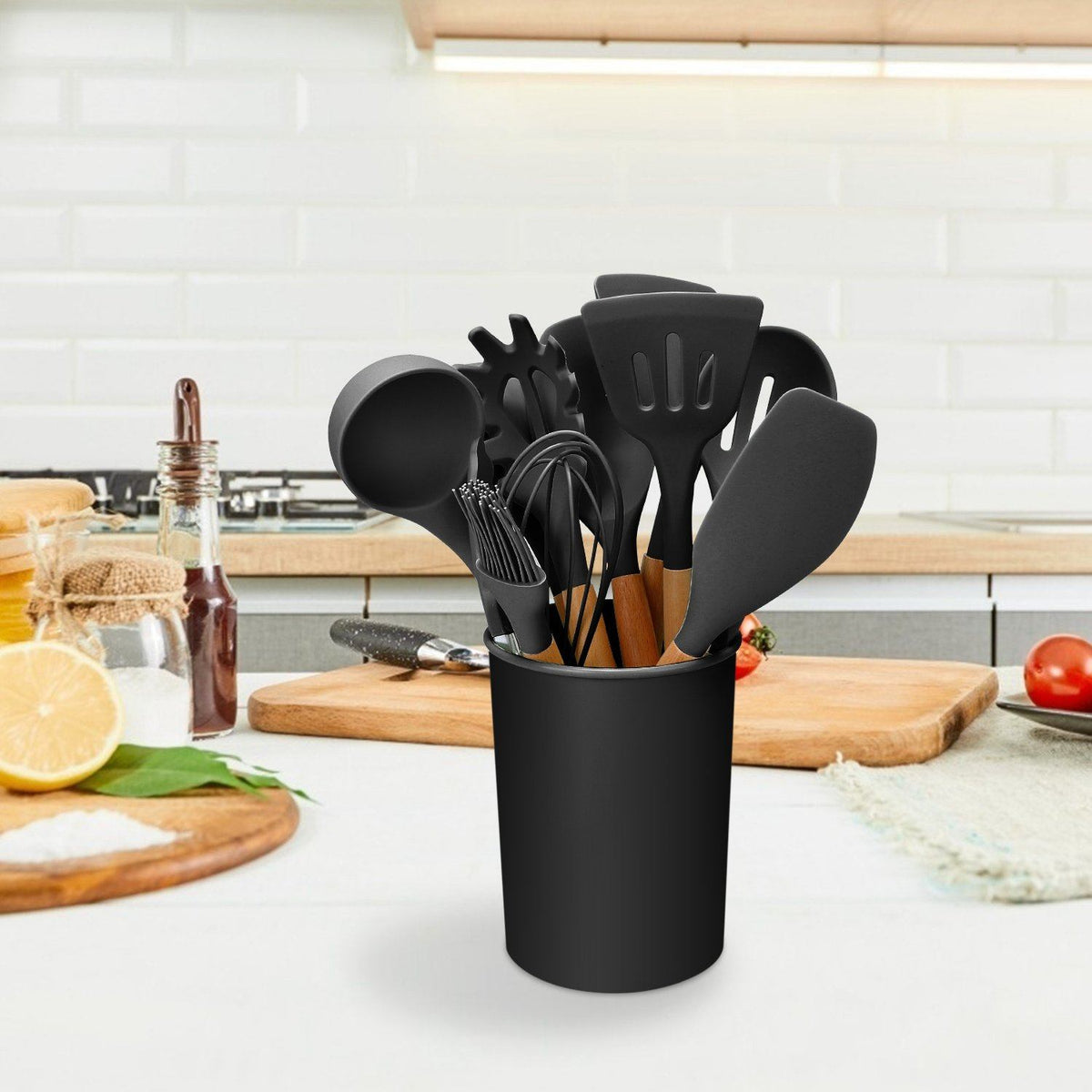 11-Piece Heat-Resistant Cooking Tool Set with Wood Handles & Holder for Nonstick Cookware