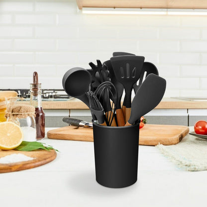 11-Piece Heat-Resistant Cooking Tool Set with Wood Handles & Holder for Nonstick Cookware