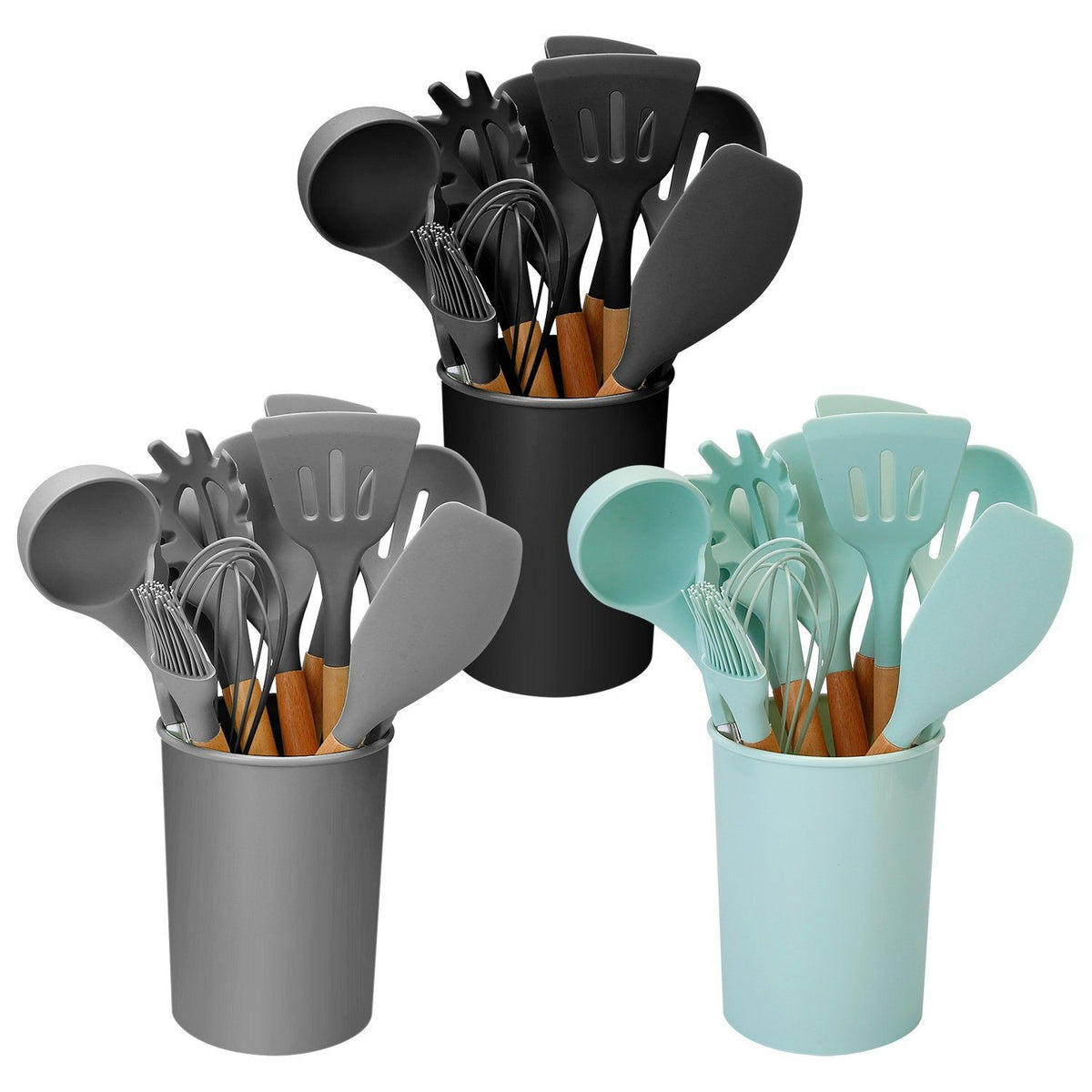 11-Piece Heat-Resistant Cooking Tool Set with Wood Handles & Holder for Nonstick Cookware