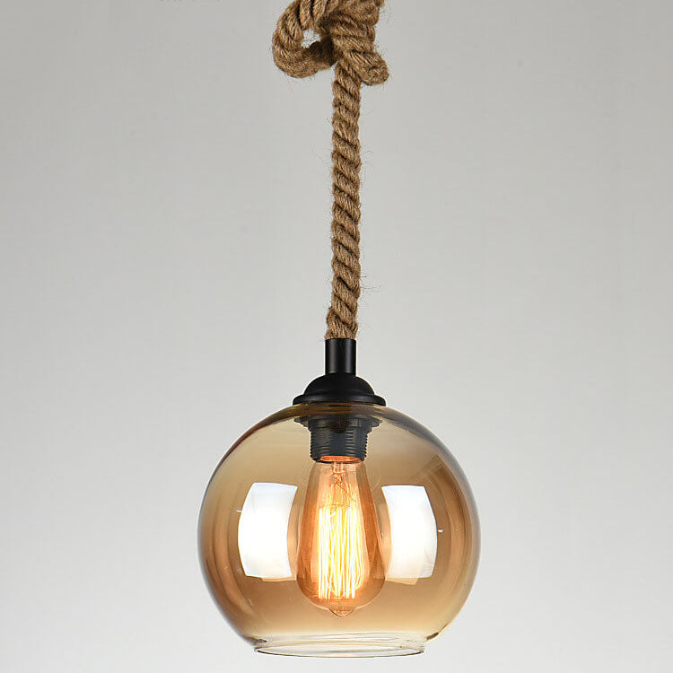Spherical Glass Shade Ceiling Fixture with Rope Suspension – Rustic Farmhouse Lighting for Kitchens, Dining Rooms & Entryways