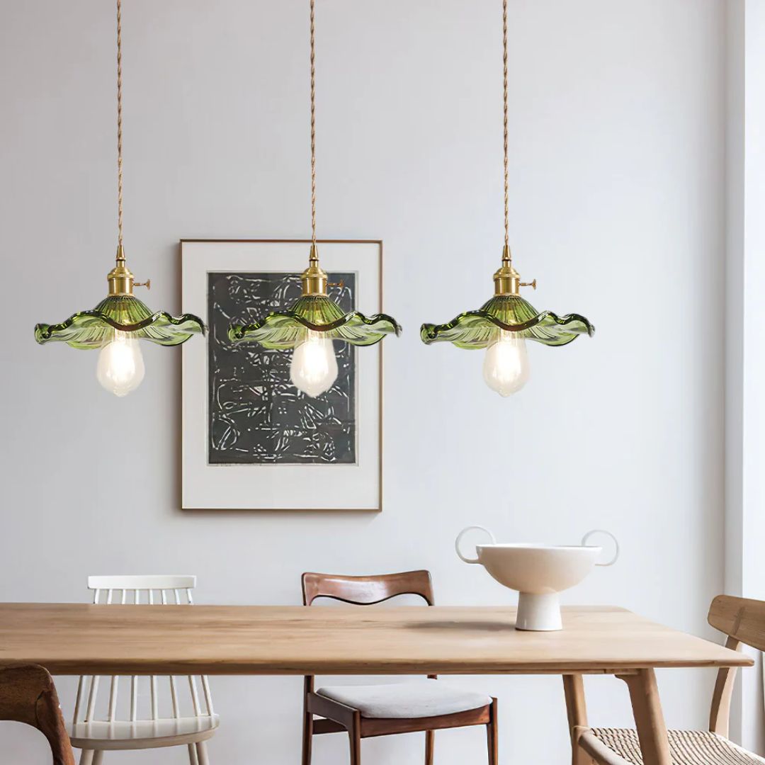 Glass Ceiling Light with Sculptural Ripple Edge – 9 in Hanging Fixture with Metal Hardware for Kitchen, Dining Area, or Bedroom – Adjustable