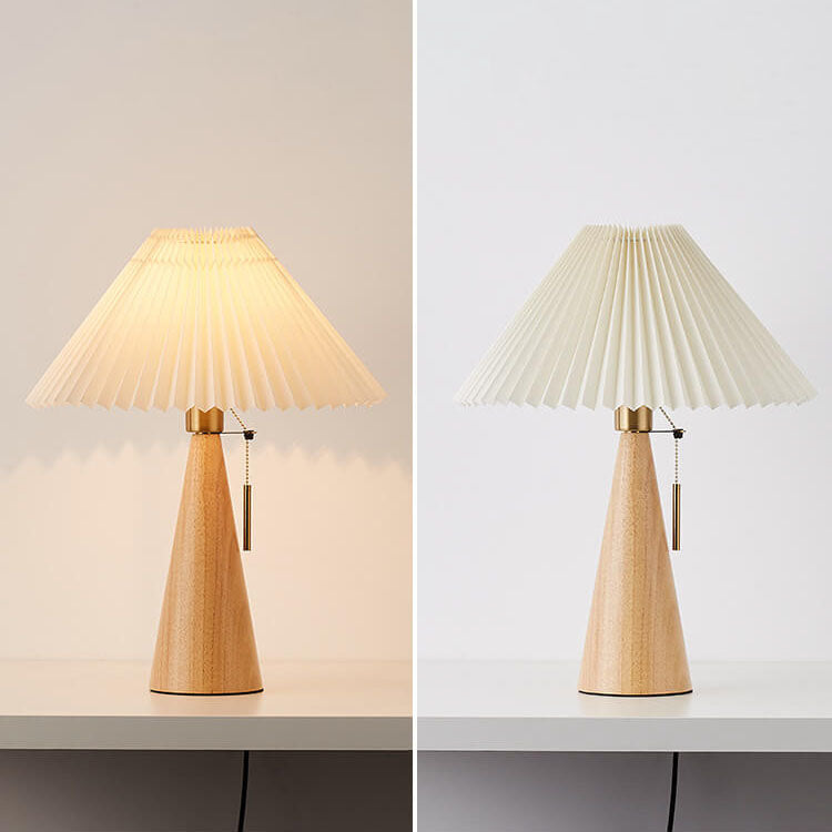Wooden Bedside Lamp with Pleated Shade 14 in Dimmable Fabric Accent Light for Bedroom Living Room Reading Nook Japandi Scandinavian Decor