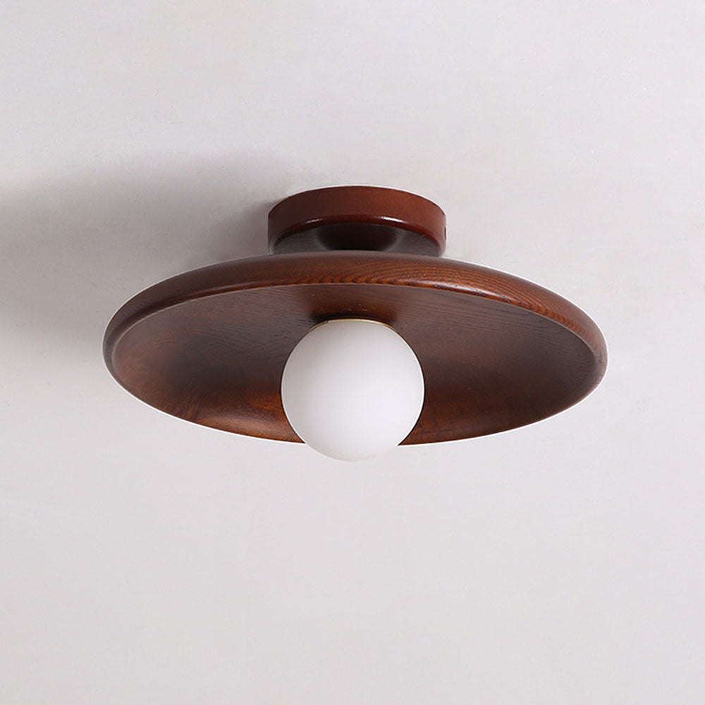 Wooden Globe LED Flush Mount Light 6 in Height Warm Glow for Bedroom Hallway Low Ceiling Compact Modern Nordic Style Natural Timber Finish A