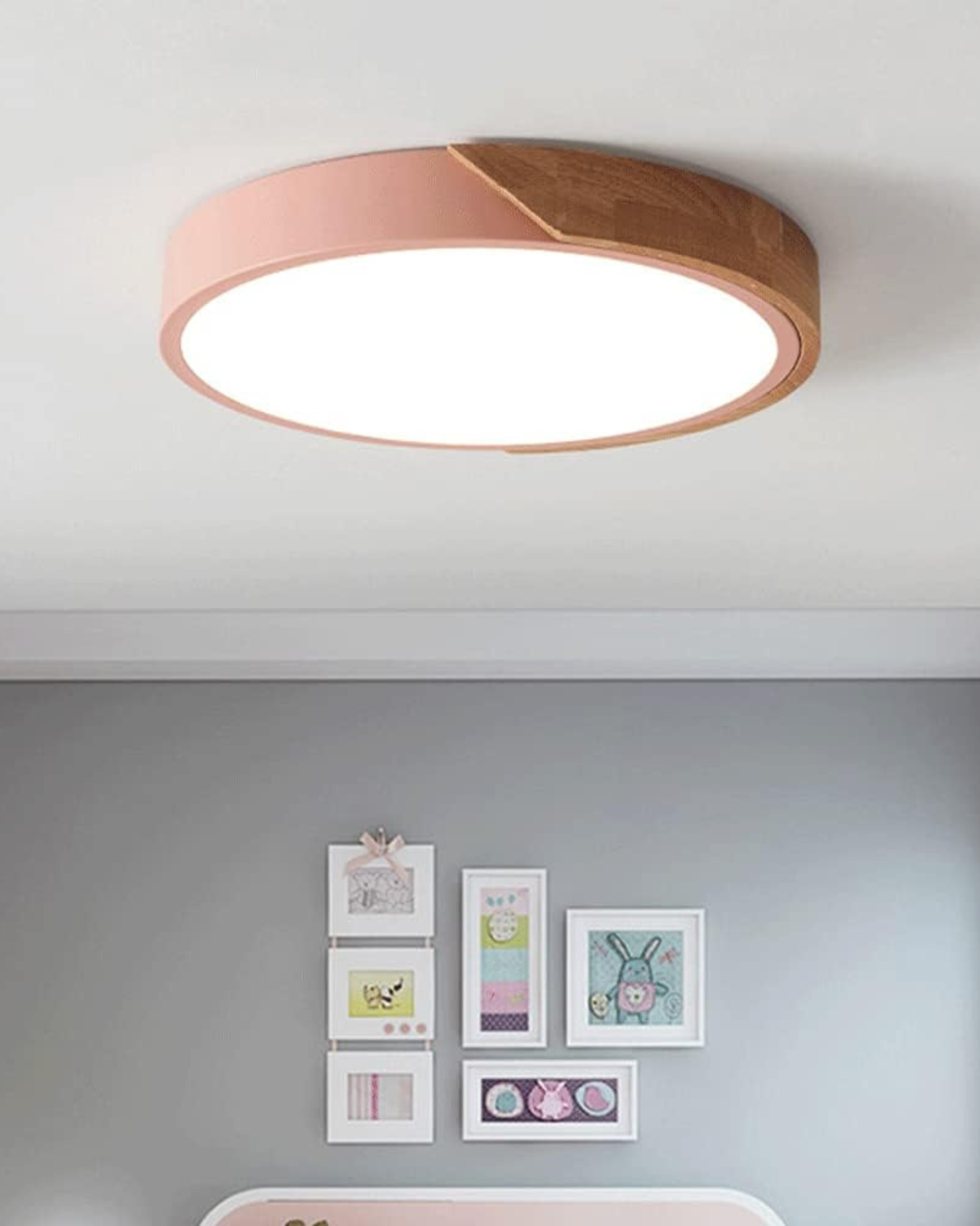 Round Flush Mount Ceiling Light with Wood Accent and Integrated LED – Modern Low Profile Fixture in 9, 12, 16, 20, and 24 inch Sizes for Liv