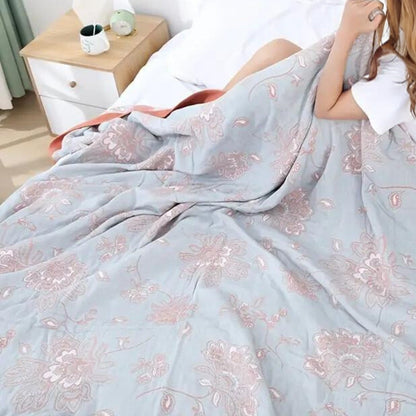 Layered Cotton Gauze Throw Blanket with Botanical Print for Bed or Couch – Lightweight Year-Round Comfort for Bedroom Living Room