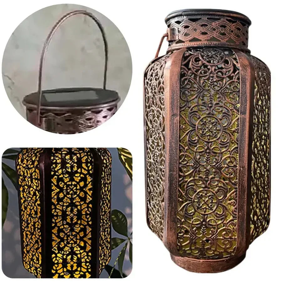 Openwork Metal Solar Lantern 9.3 in Hanging or Tabletop Garden Patio Light Outdoor Decorative Moroccan-Inspired Design for Porch Balcony Pat