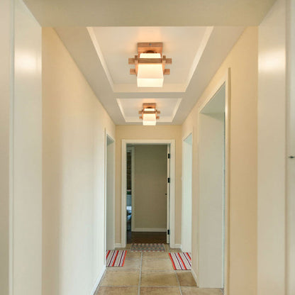 Square Flush Mount Ceiling Light Fixture with Wood Accent, White Shade, E27 Socket for Bedroom, Hallway, Living Room, Minimalist Home Lighti