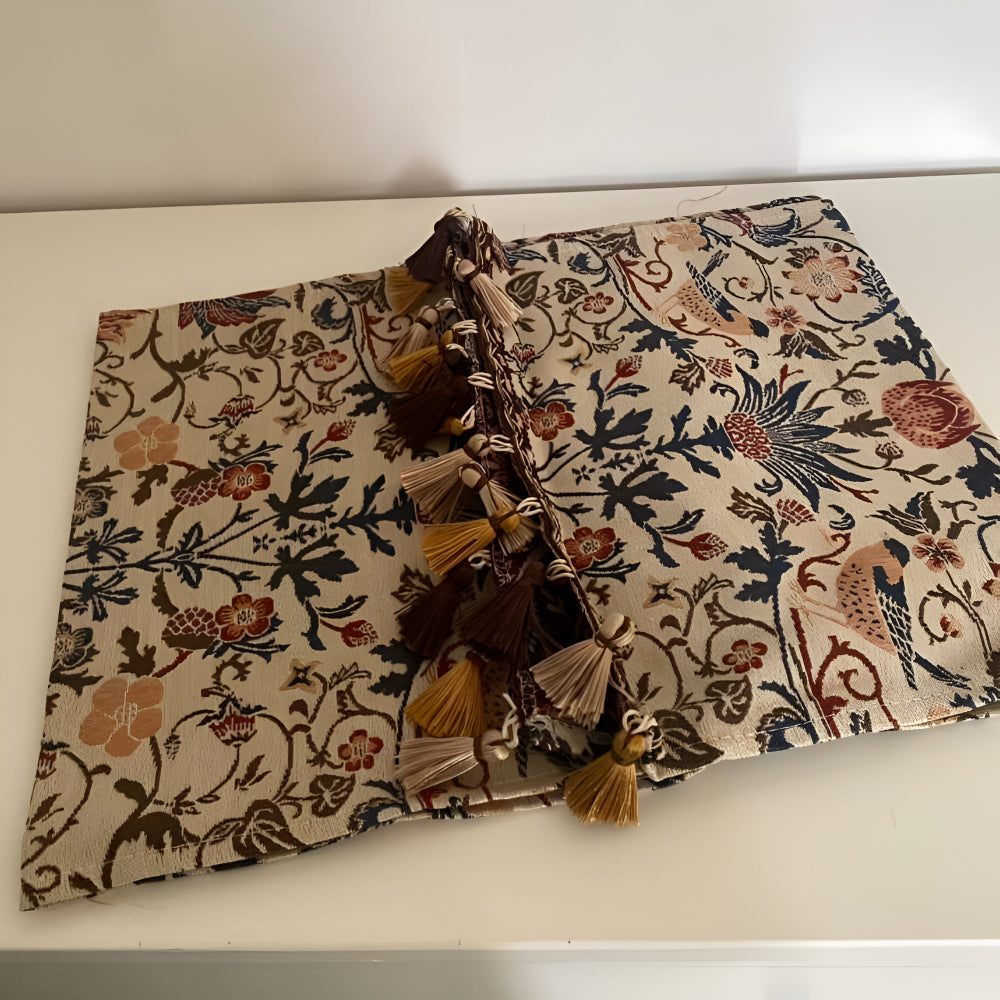 Woven Jacquard Table Runner with Tassels - Floral Bird Pattern for Dining & Coffee Tables - Vintage Countryside Design - Tassel Trim